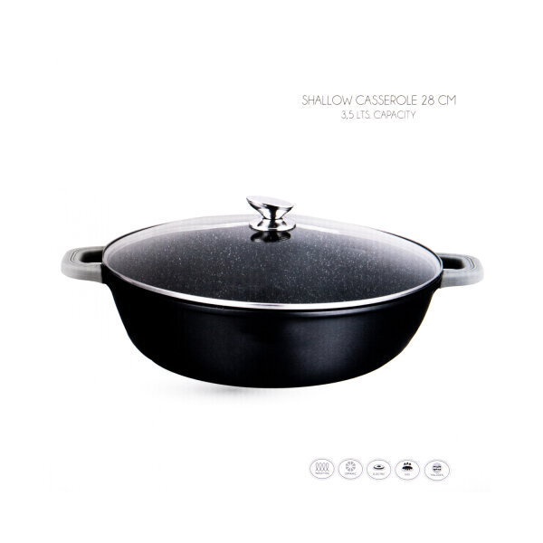 Servierpfanne Kochtopf mit Deckel Induktion Ø28cm Aluguss Schwarz