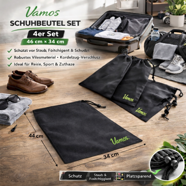 Vamos Schuhbeutel Set – 4er Set (44 × 34 cm) – Schwarz